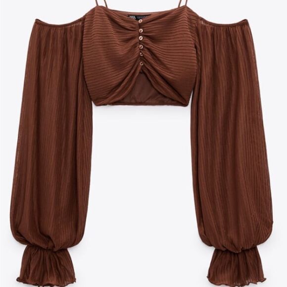 ZARA WOMAN BROWN PLEATED TOP MIDRIFF L NWT - Picture 1 of 5